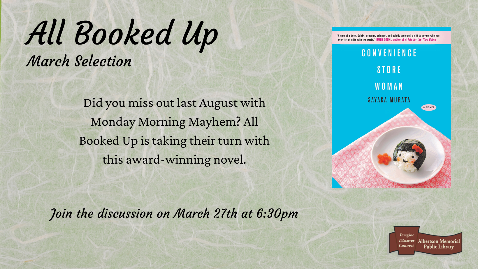 Convenience Store Woman, All Booked Up, March 27th @ 6:30pm