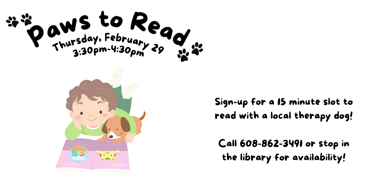 Paws to Read- Read with a local therapy dog for 15 minutes