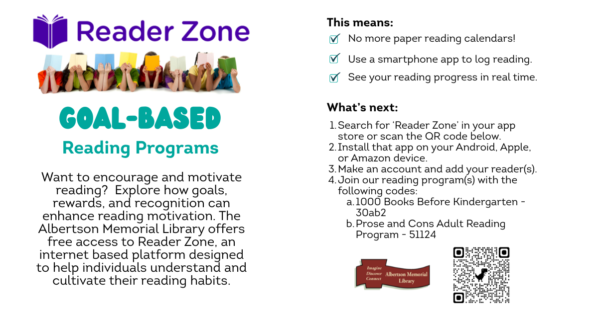 Want to encourage and motivate reading?  Explore how goals, rewards, and recognition can enhance reading motivation. The Albertson Memorial Library offers free access to Reader Zone, an internet based platform designed to help individuals understand and cultivate their reading habits.