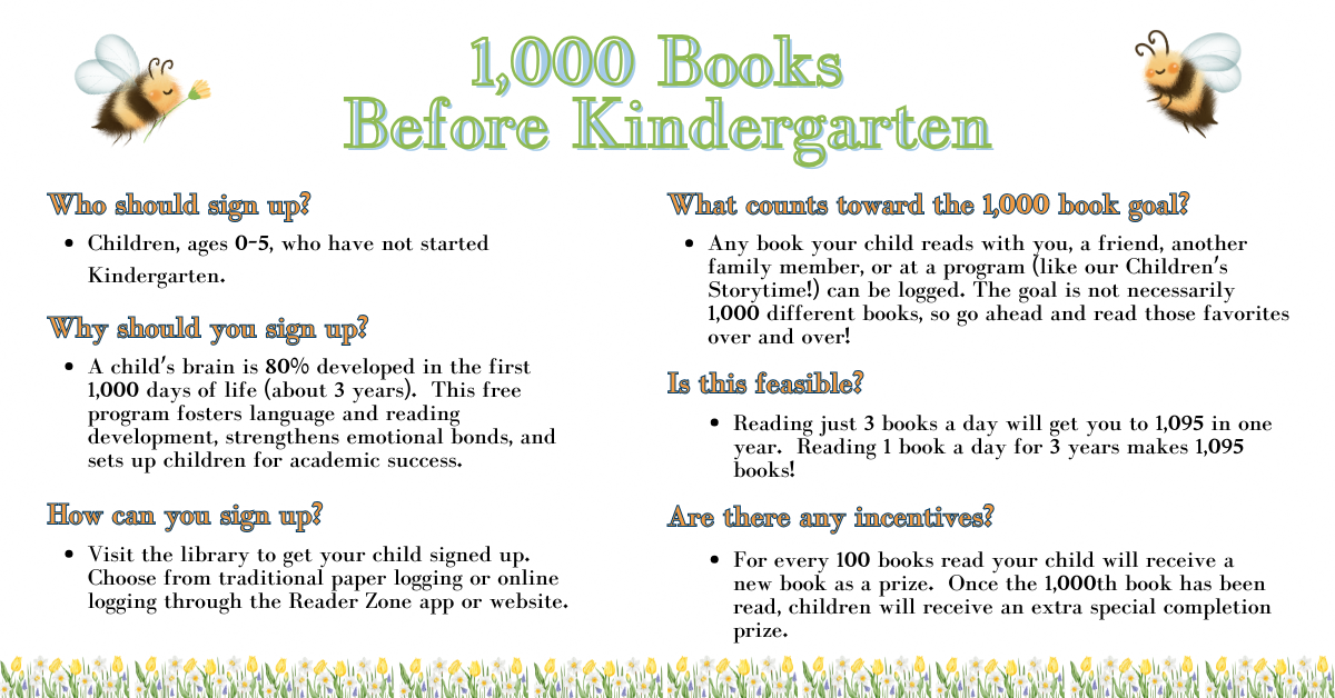 Program is for children, ages 0-5, who have not started Kindergarten.  Visit the library to get your child signed up.  Choose from traditional paper logging or online logging through the Reader Zone app or website.